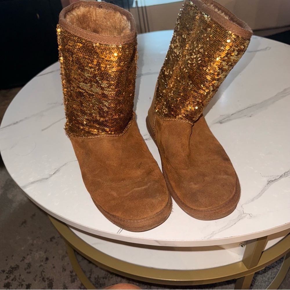 Gold Sequin and Brown Suede Boots
